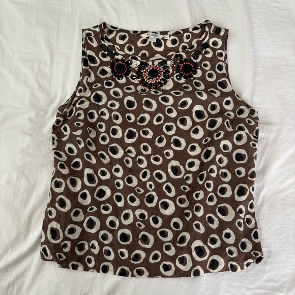 Boden Shirt Sz US 8 Brown Silk Cotton Tank Top Beaded Pullover spotted circles - Picture 1 of 7
